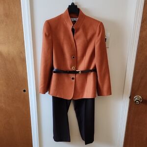 Tahari Arthur S. Levine Petites Belted Suit Sz 10P Apricot & Brown Herringbone